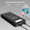 A black power bank is shown with cables connected to a tablet and a smartphone, illustrating its charging capabilities. Text overlays describe its features. Produktbild-Vorschau