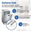 A dishwasher with its door open, accompanied by marketing text and icons highlighting features of a repair kit. Produktbild-Vorschau