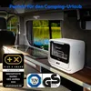 A mini dishwasher is shown inside a camper van, with a scenic view of a lake and trees through the window. Produktbild-Vorschau