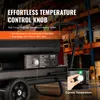 A close-up marketing image of a portable heater, focusing on its temperature control knob and features, set against a blurred warehouse background. Anteprima dell’immagine prodotto