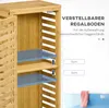 A close-up view of a bamboo bathroom cabinet with its door open, highlighting adjustable shelves and feature callouts. Náhled obrázku produktu