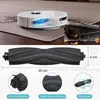 A collage of images showing a robot vacuum cleaner, its main brush, and close-ups of its features. Produktbild-Vorschau
