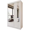 A white wardrobe with mirrored doors, reflecting a bedroom interior. Produktbild-Vorschau