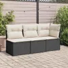 A three-seater outdoor sofa with cream cushions on a paved patio, with a wooden fence and plants in the background. Podgląd zdjęcia produktu