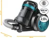 A studio shot of a bagless vacuum cleaner with dimensions and power specifications indicated. Produktbild-Vorschau