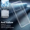 A clear phone case is shown on a textured blue background, with close-up insets of molecular structures and plastic granules. Produktbild-Vorschau