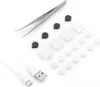 A collection of small items, including tweezers, black caps, white squares, and white circles, along with a white USB cable, laid out on a white background. Voir les images du produit