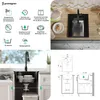 A collage of images showing a black kitchen sink, its features, and installation diagrams. Produktbild-Vorschau