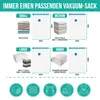 A diagram showing different sizes of vacuum storage bags with their dimensions and suggested contents. Voir les images du produit