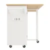 A white kitchen island with a wooden countertop is shown from the side against a white background. It has wheels and electrical outlets on the side. Podgląd zdjęcia produktu