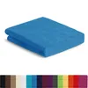 A folded blue fitted sheet is shown on a white background. Below the sheet, a row of color swatches is displayed. Produktbild-Vorschau