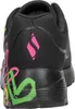 Close-up view of the back heel of a black sneaker with colorful graffiti-style graphics and a pink Skechers logo. Voir les images du produit