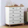 A white dresser with a wooden top and wooden legs, placed against a light gray wall on a wooden floor. Voir les images du produit