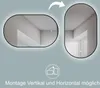 Two illuminated oval mirrors are shown, one horizontal and one vertical, with an arrow indicating the change in orientation. A circular icon with rotating arrows is also visible. Anteprima dell’immagine prodotto