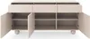 A front view of an open beige sideboard with three drawers and three cabinet doors, revealing shelves inside. The sideboard has rounded edges and spherical feet. Produktbild-Vorschau
