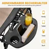A close-up of a black tray attached to a recliner, holding a glass of orange juice, a smartphone, and a book. Text overlays describe features. Produktbild-Vorschau