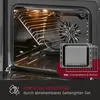 Interior view of a black built-in oven with a rack and fan, along with a baking tray and grill rack shown separately. Produktbild-Vorschau