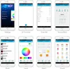 A collage of eight smartphone screens displaying different app interfaces for controlling a smart LED light fixture. Produktbild-Vorschau