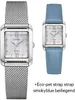 Two Citizen watches are shown side-by-side, one with a silver mesh strap and the other with a blue leather strap. Text below indicates an 'Eco-pet strap' in 'smokyblue'. Anteprima dell’immagine prodotto