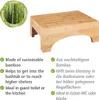 A bamboo step stool is shown with descriptive text in English and German highlighting its features and uses. Produktbild-Vorschau