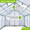 Interior view of a greenhouse structure with text overlays highlighting features. Produktbild-Vorschau
