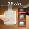 A hand is shown interacting with a white desk lamp base, with three inset images demonstrating different brightness levels of the lamp. Produktbild-Vorschau