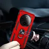 A hand holding a red phone case with a ring holder, near a car's air vent with a magnetic phone mount. Produktbild-Vorschau