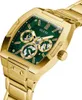 A close-up, angled shot of a gold Guess watch with a green face. Produktbild-Vorschau
