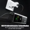 A power bank is shown plugged into a wall outlet, with its digital display showing charging information. Produktbild-Vorschau