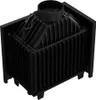 A black metal fireplace insert with a chimney flue on top, shown from a slightly elevated diagonal angle. Produktbild-Vorschau