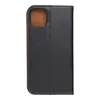 A black and brown leather flip case for a smartphone, shown from the front. Produktbild-Vorschau