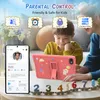 A child and an adult are looking at a pink tablet with a protective case decorated with cartoon characters. A smartphone is also visible on the left, displaying a parental control interface. Wooden numbers are arranged in front of the tablet. Produktbild-Vorschau