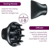 Marketing image showing two hair dryer attachments: a styling nozzle and a diffuser, with descriptive text for each. Podgląd zdjęcia produktu