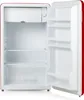 An open, empty red and white mini-refrigerator. Voir les images du produit