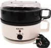A white and black electric egg cooker with a clear lid, shown on a white background with a power plug in the foreground. Voir les images du produit