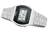 A digital wristwatch with a metal band, shown against a white background. Produktbild-Vorschau