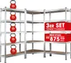 A set of three metal shelving units with wooden shelves, displayed against a white background. Red weights are placed on some shelves to demonstrate load capacity. Anteprima dell’immagine prodotto