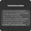 A dark background with a table of technical specifications for a product. Produktbild-Vorschau