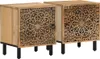 Two wooden nightstands with carved floral patterns on the doors, each standing on four black legs. Podgląd zdjęcia produktu