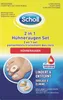 Packaging for Scholl 2in1 Hühneraugen Set, showing a foot with the product applied. Podgląd zdjęcia produktu