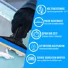 A gloved hand uses an ice scraper on a frosted car window, with marketing icons and text on the right. Produktbild-Vorschau