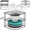 A collage of metal corner shelving units displaying kitchen items like glasses, a bowl, and plates. There are also diagrams of the shelving units. Náhled obrázku produktu