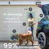 A woman is standing next to a car with its trunk open, holding a package. A dog is in the foreground, and a garage door is in the background. The image is overlaid with text and graphics highlighting AI detection features. Náhled obrázku produktu