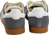 Close-up rear view of two grey suede sneakers with white accents and brown rubber soles. Produktbild-Vorschau