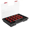 An open black plastic organizer box with red dividers and a clear plastic lid. Produktbild-Vorschau