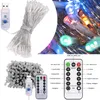 A collage of images showing USB LED string lights, a remote control, and a close-up of the lights. Produktbild-Vorschau