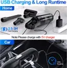 A split image showing a handheld vacuum cleaner and its accessories in a home setting on the top half, and the vacuum cleaner being charged in a car on the bottom half. Produktbild-Vorschau