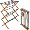A wooden folding drying rack is shown in its open and folded states, with a logo and diagram on the folded unit. Anteprima dell’immagine prodotto