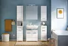 A modern bathroom vanity set with a sink, cabinets, and a mirror against a blue wall. Produktbild-Vorschau