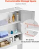 A white bathroom cabinet with its doors open, displaying shelves with various toiletries and towels. An inset diagram illustrates adjustable shelf placement. Náhled obrázku produktu